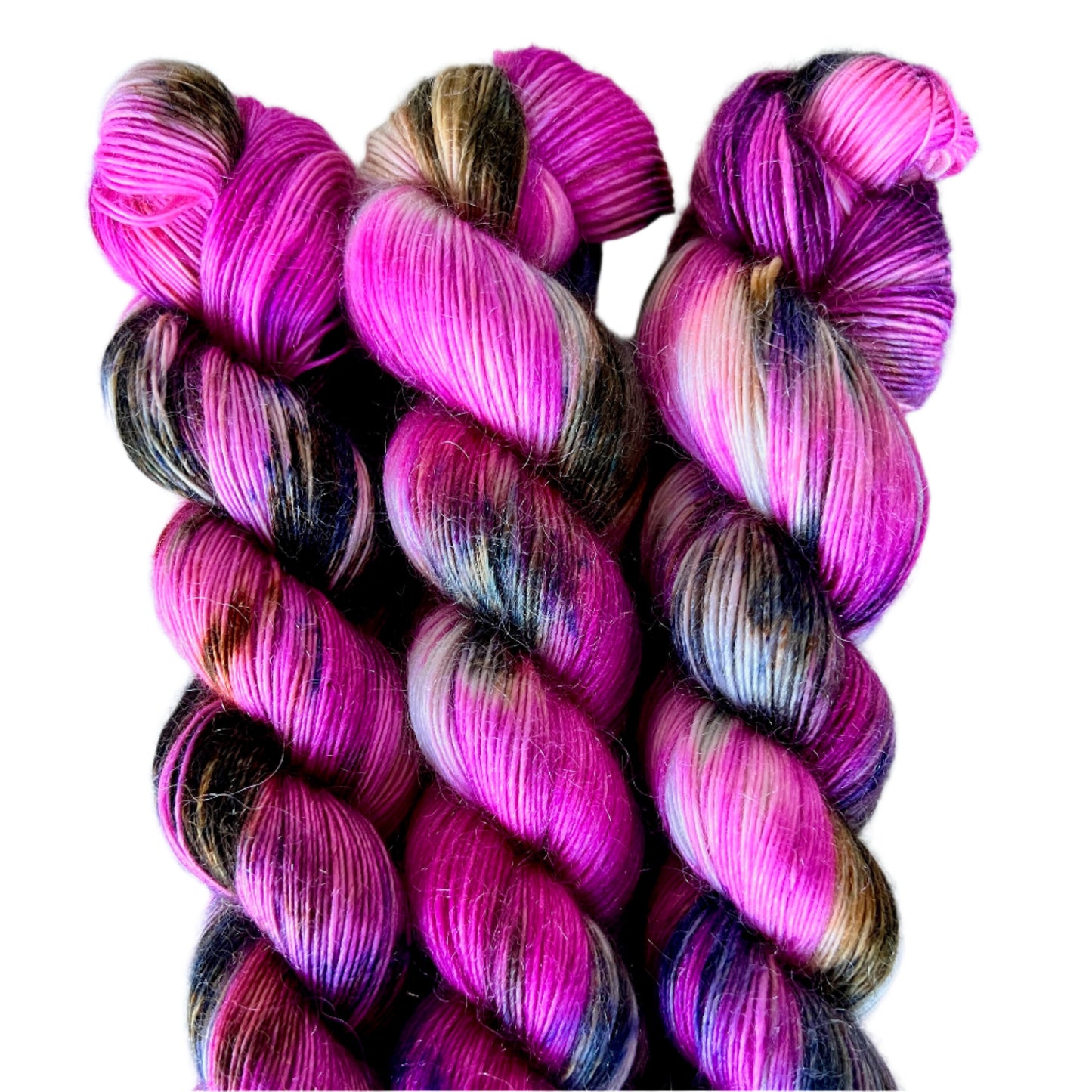 Three skeins of multicolored yarn on a white background