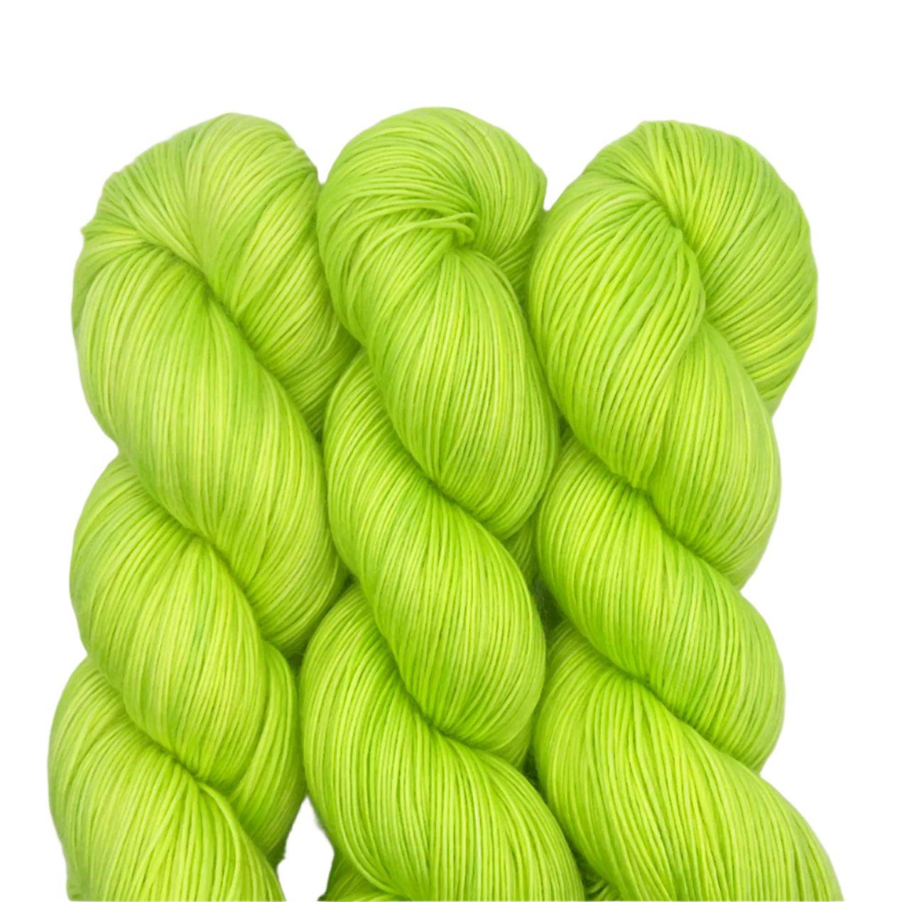 Three skeins of lime green yarn on a white background